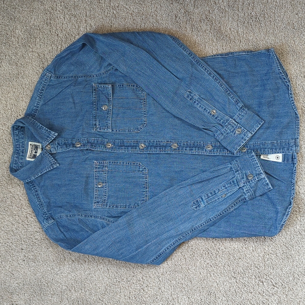 Converse One Star Blue Denim Jean Button Down Shirt with Metal Buttons Small